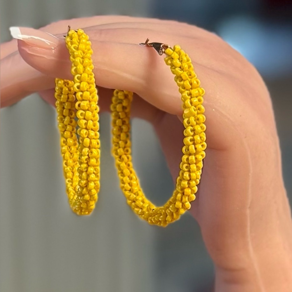 Bright Yellow Seed Bead Hoop Earrings Boho Summer Festival Vibes - Picture 4 of 9